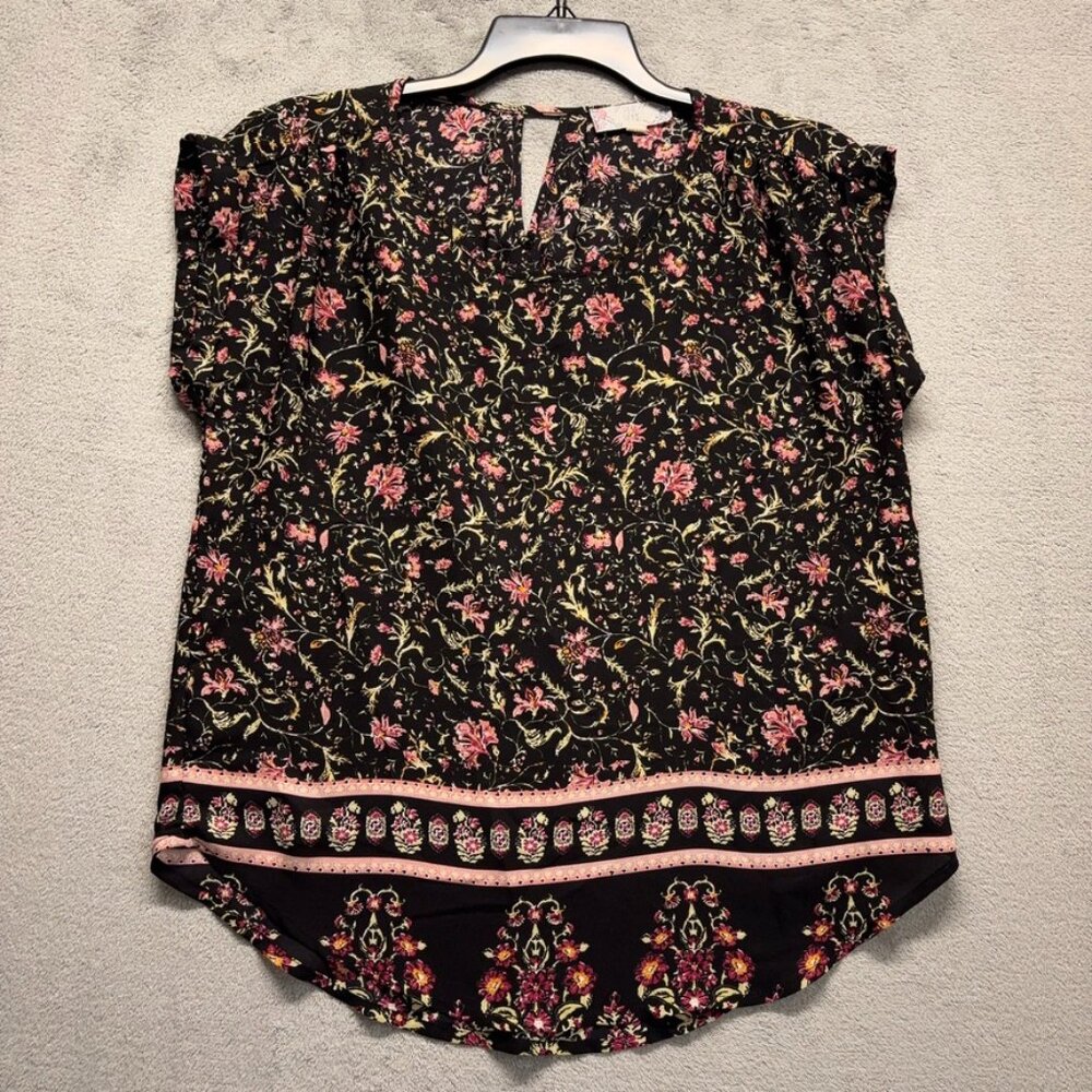 Pink Rose Top Womens Medium Black Floral Cap Sleeve Pullover Bohemian